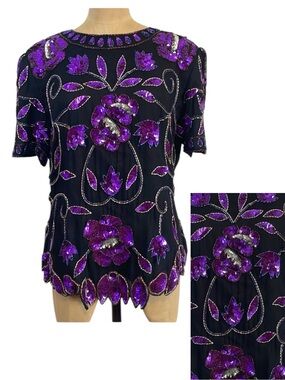 Pappel Evening Embellished Sequin Floral Top LG Purple NWT Maximalist Glam 80s
